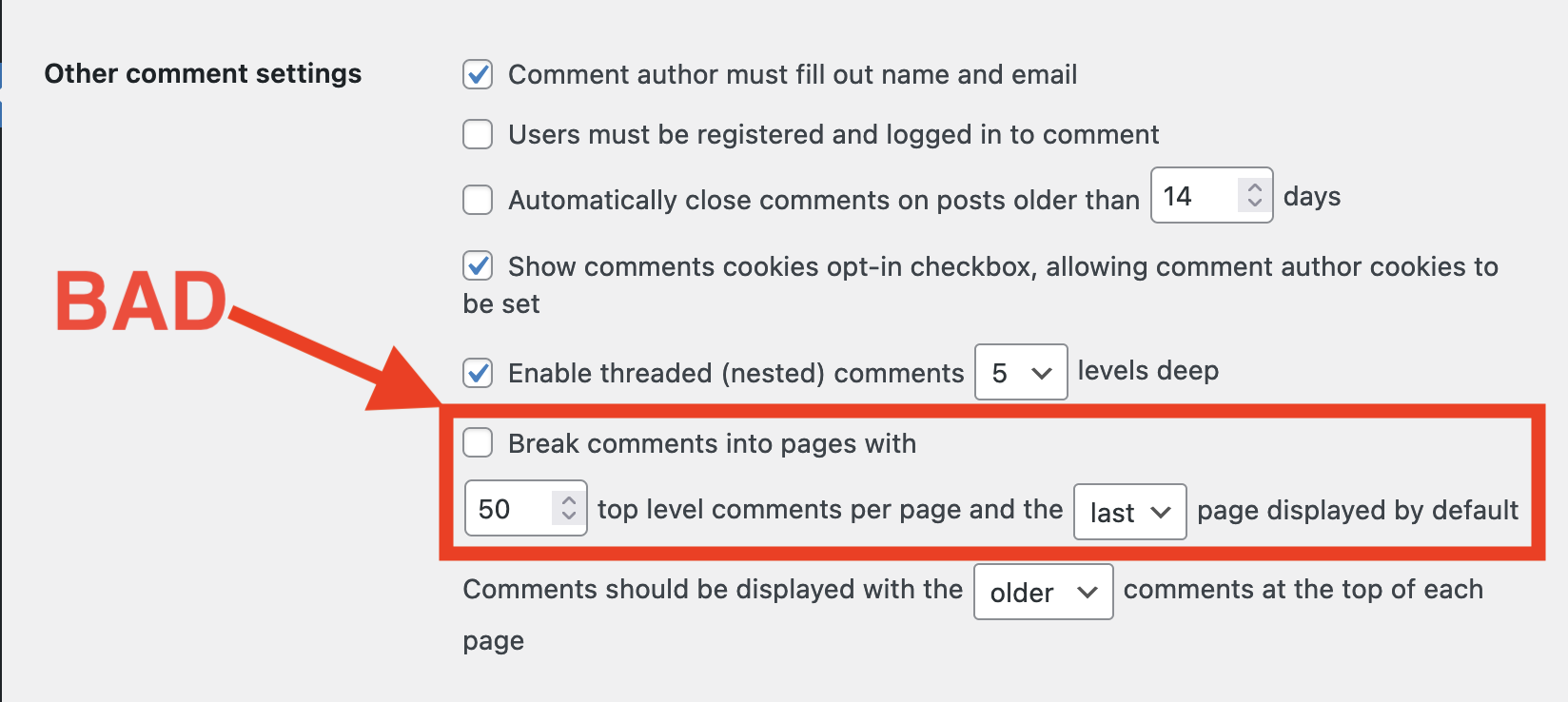WordPress setting for paginated comments